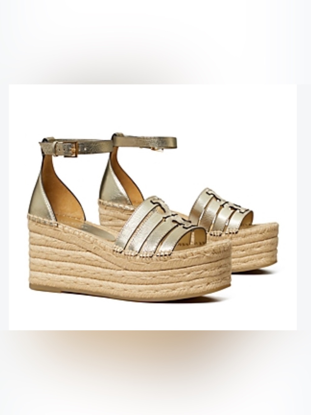 NWB Tory Burch Metallic Gold Espadrille Platform Sandals with Ankle Strap